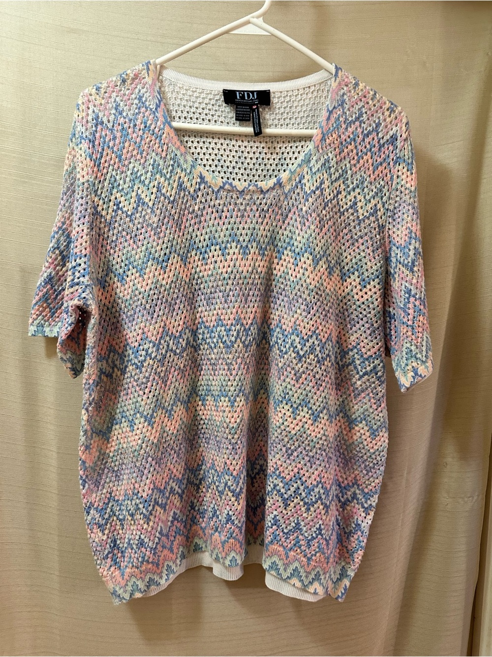 FDJ French Dressing Open Knit Sweater Top Cotton Blend Short Sleeve XXL Pastel